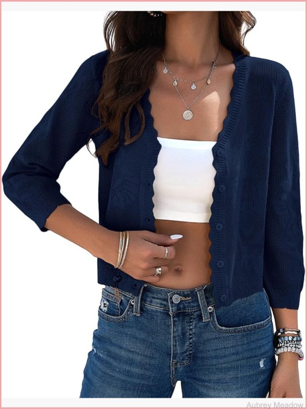 Women's Cropped Cardigan Sweater Lightweight 3/4 Sleeve Button Down Crochet